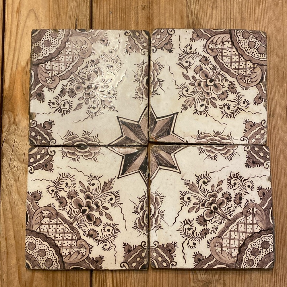 Set of 4 Vintage Floral Ceramic Tile Coasters Brown Cream Decorative Tiles